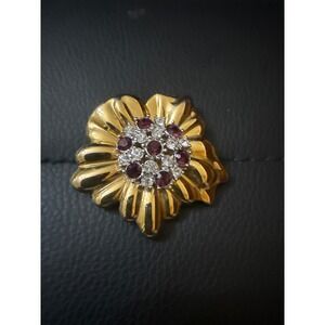 Bold Elegance Vintage Gold Tone Flower Brooch Red Clear Rhinestone Floral Pin
